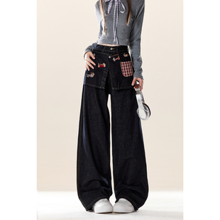 子 设计感假两件阔腿长裤 自然涩腊肠狗刺绣格纹拼接牛仔裤 女秋冬季