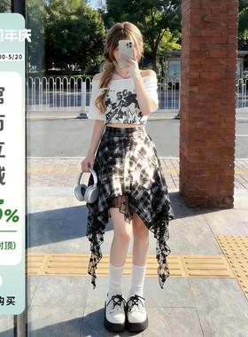 自然涩不规则黑色格子半身短裙女夏季音乐节亚文化穿搭爵士舞裙子