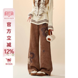 复古印花贴布阔腿裤 自然涩美拉德咖色运动卫裤 美式 新款 子 女秋冬季