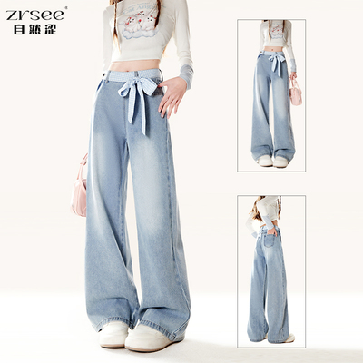 夏季复古蓝色蝴蝶结绑带牛仔裤