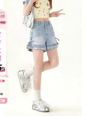 自然涩蓝色格子拼接a字牛仔短裤女2026夏薄款假两件显瘦阔腿裤子