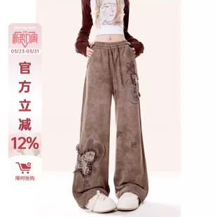 子 小个子复古休闲阔腿爵士舞裤 自然涩棕色运动卫裤 女2026春秋新款