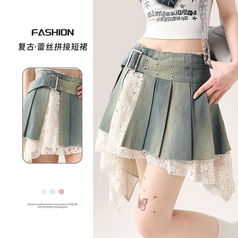 美式拼接牛仔裙不规则半身裙夏季