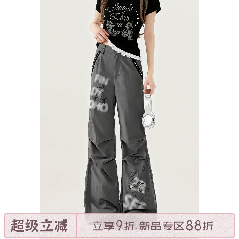 自然涩折痕设计感阔腿休闲裤女士夏季新款灰色修身字母印花裤子秋