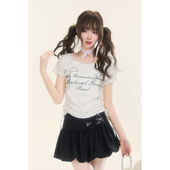 自然涩白色蕾丝边收腰正肩短袖 T恤女夏季 漂亮清纯系掐腰上衣春秋