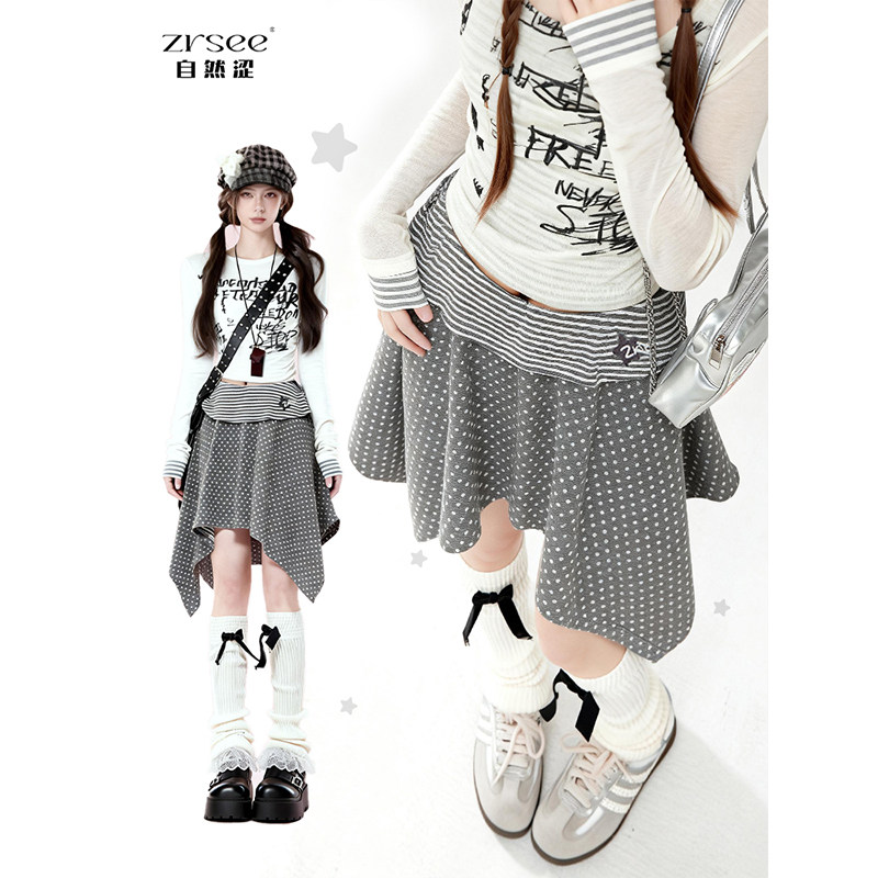 自然涩灰色波点不规则半身裙女2026春季新款小个子设计感高腰短裙