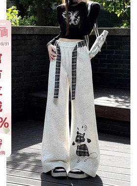 自然涩灰色运动休闲卫裤女2026春季新款小猫贴布宽松阔腿裤子春秋