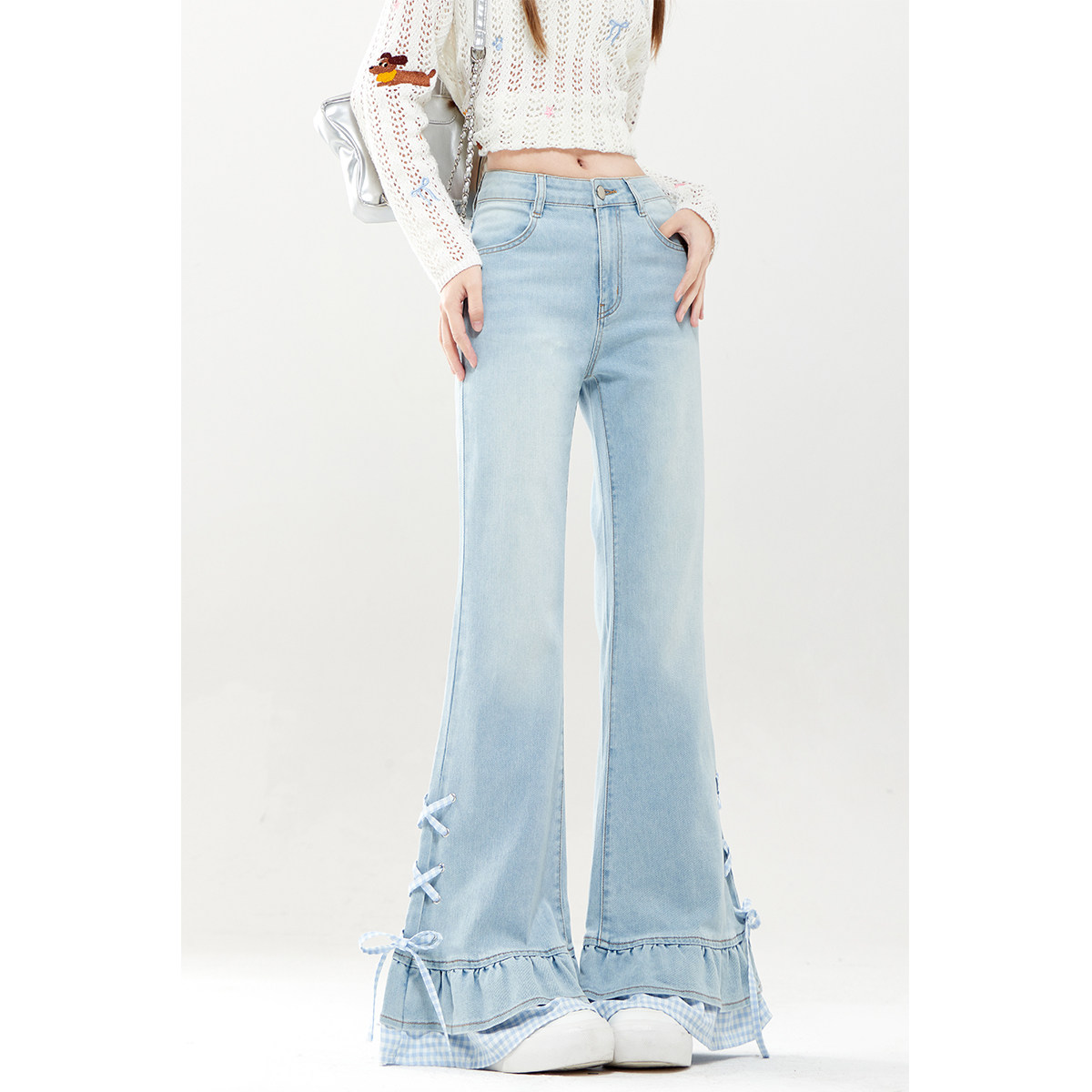 自然涩浅蓝色假两件微喇叭牛仔裤女2026早春新款显瘦阔腿裤子冬季,女装/女士精品,牛仔裤,淘宝优惠券,粉丝福利购,淘宝优惠卷