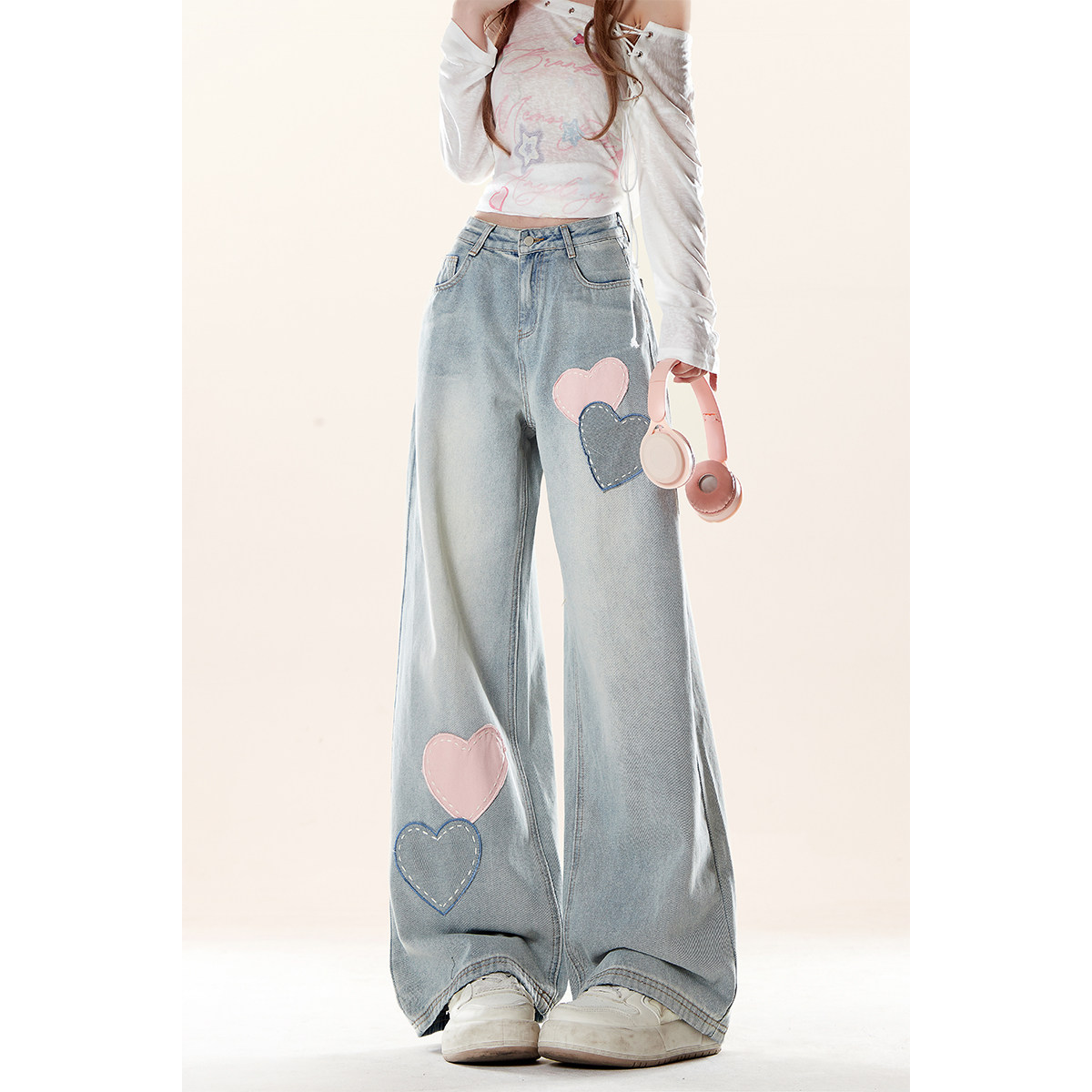 自然涩美式浅蓝色爱心牛仔裤女春秋季宅系慵懒风宽松显瘦阔腿裤子,女装/女士精品,牛仔裤,淘宝优惠券,粉丝福利购,淘宝优惠卷