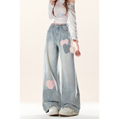 自然涩美式 子 宅系慵懒风宽松显瘦阔腿裤 浅蓝色爱心牛仔裤 女春秋季