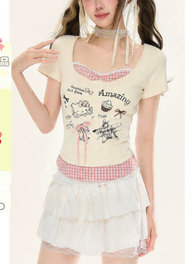 自然涩甜妹HelloKitty印花短袖t恤女夏季新款假两件修身短款上衣