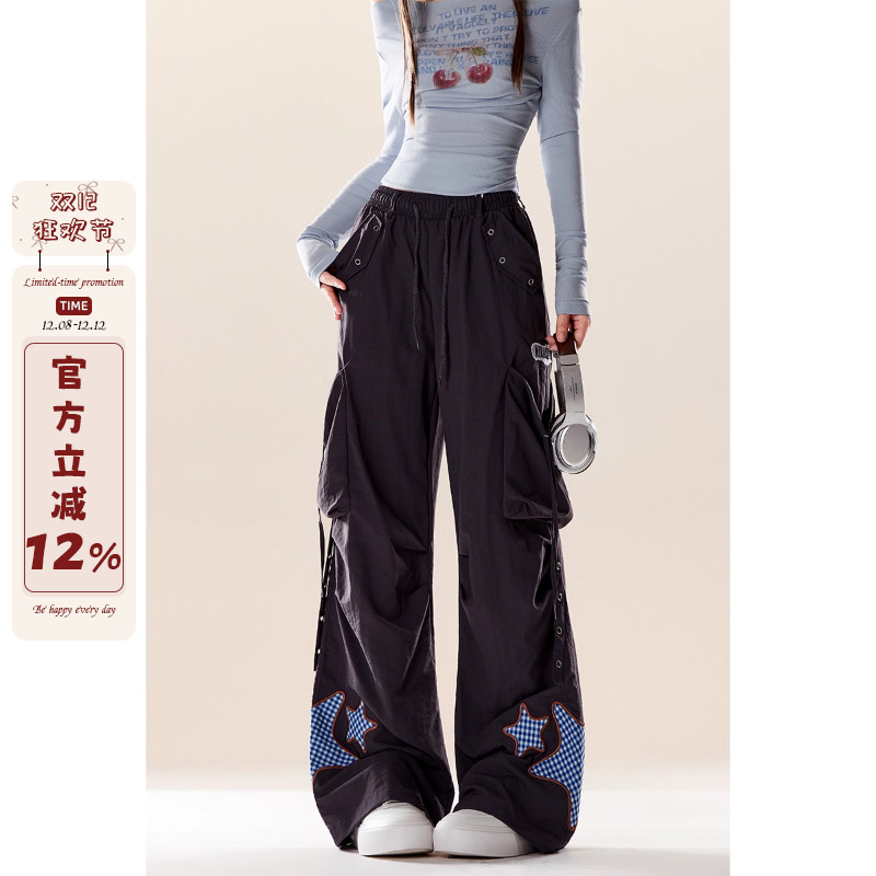 美式多口袋星星贴布速干工装裤女