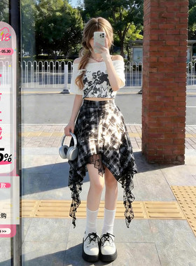 自然涩不规则黑色格子半身短裙女夏季音乐节亚文化穿搭爵士舞裙子