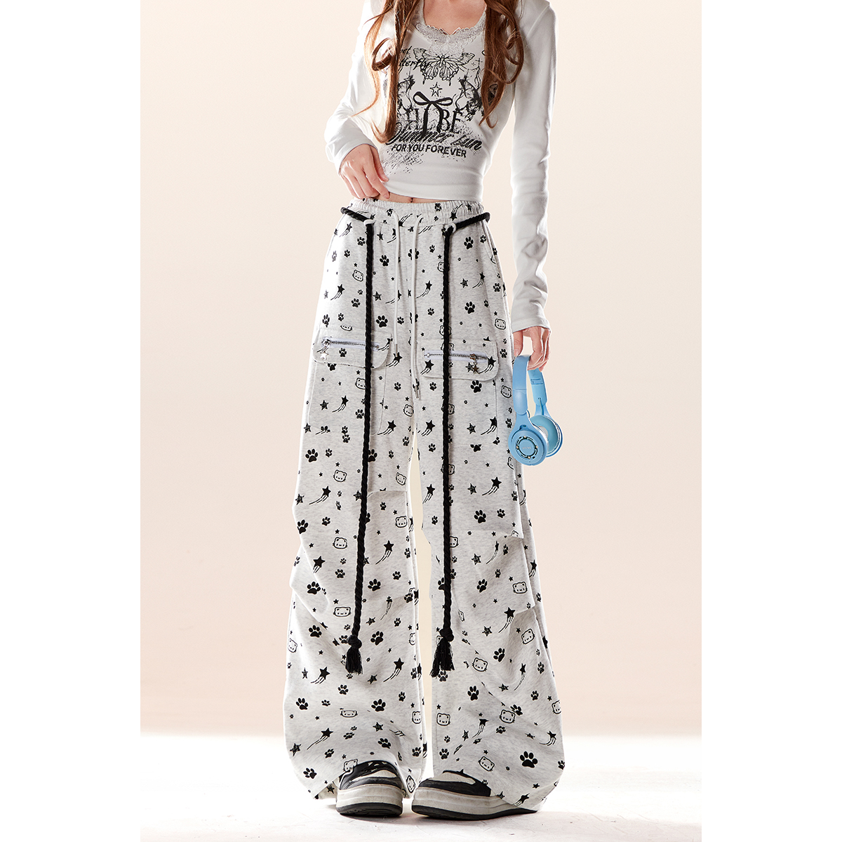 美式复古卡通印花休闲卫裤女秋冬