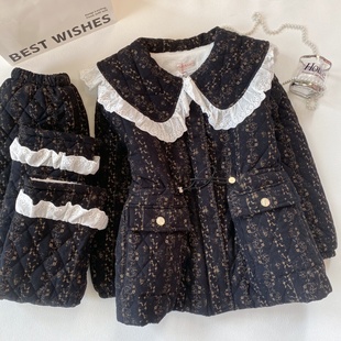 pink grape甜美娃娃领碎花睡衣女三层夹棉套加厚收腰家居服可外穿