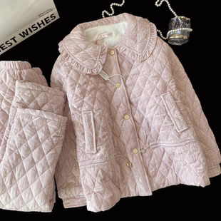 pink 可外穿 grape甜美娃娃领菱格纹睡衣女加厚保暖夹棉家居服套装