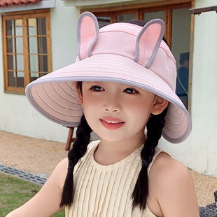 儿童防晒帽春夏季女童大檐遮阳防紫外线兔子耳朵太阳帽空顶渔夫帽