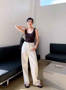 NEMO大美 24新款极简风 白色高腰垂感牛仔裤宽松显瘦直筒拖地裤女