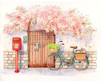 小镇钢笔填色画水彩线稿