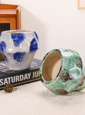 釉彩陶瓷花盆家用手绘异形石纹缩脚花器客厅阳台高级绿植盆栽花卉