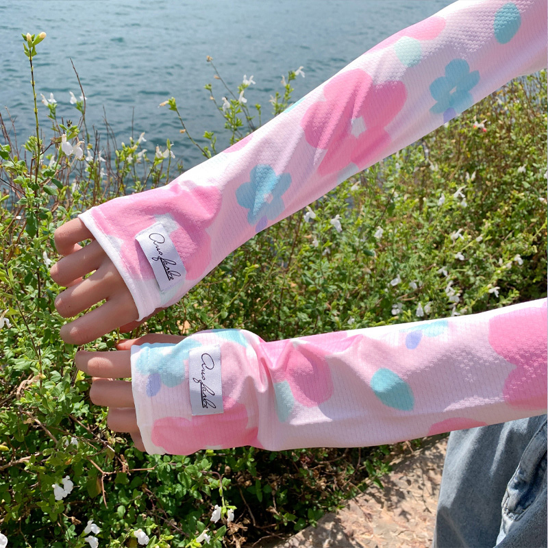 夏季粉色花朵防晒冰袖女生冰丝袖套手臂套袖防紫外线学生骑车护袖