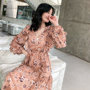 夏季波西米亚高档雪纺荷叶边防晒长袖连衣裙海南三亚度假旅游长裙