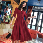 夏季 法式 复古优雅雪纺收腰连衣裙长裙东南亚旅游度假通勤淑女裙子