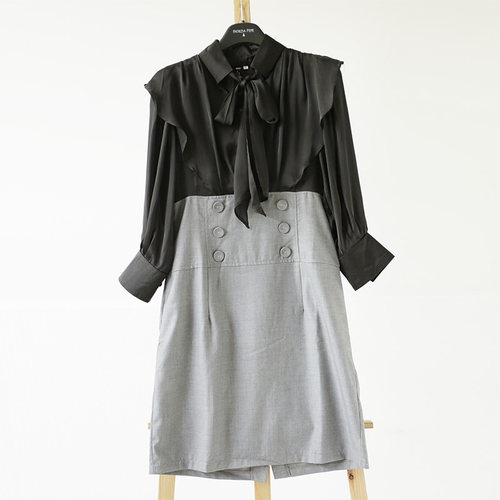 古着vintage复古夏季淑女通勤职业装连衣裙长袖短裙OL办公室裙子