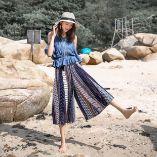 海南三亚旅游度假夏季休闲时尚两件套女装上衣裤子韩版露肩的衣服