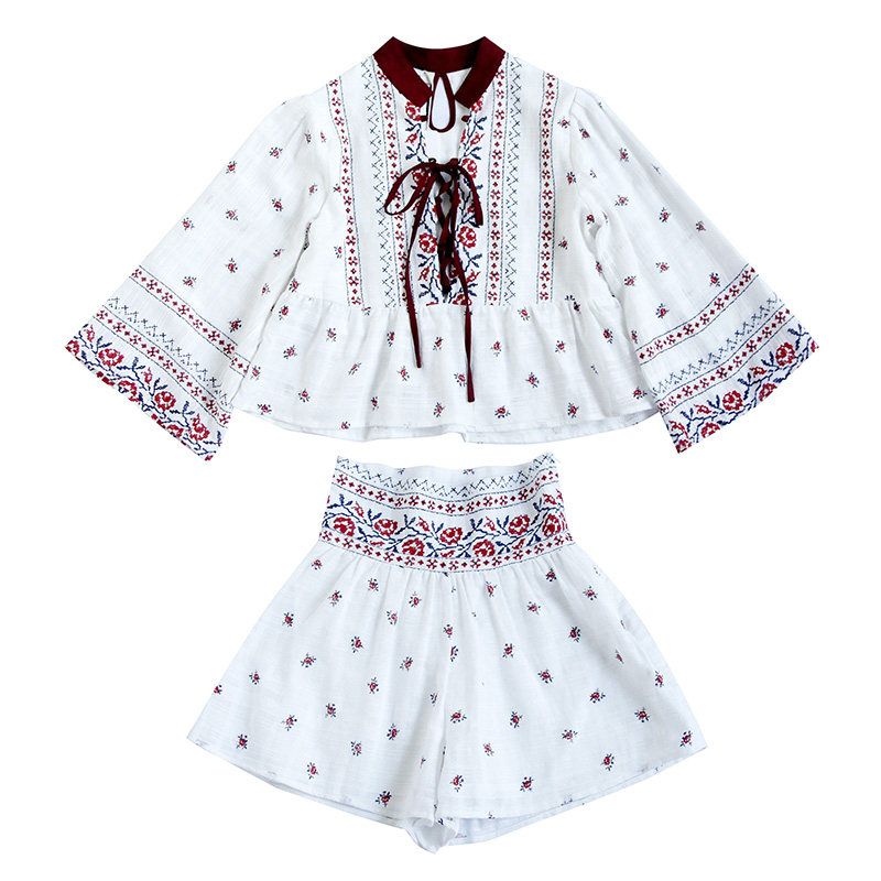 马来西亚度假旅游小码印花民族风少女时尚套装上衣短裤女装两件套