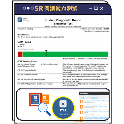 STAR reading test英语阅读ar测试sr能力测试蓝思兰斯指数值报告