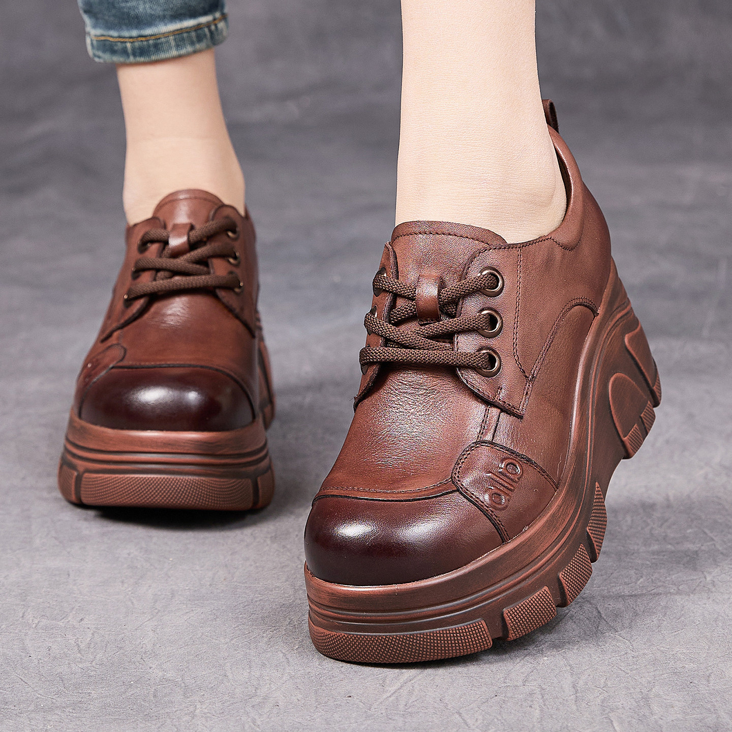 春秋新款圆头厚底坡跟单鞋女真皮系带深口妈妈鞋复古休闲高跟皮鞋,女鞋,深口单鞋,淘宝优惠券,粉丝福利购,淘宝优惠卷