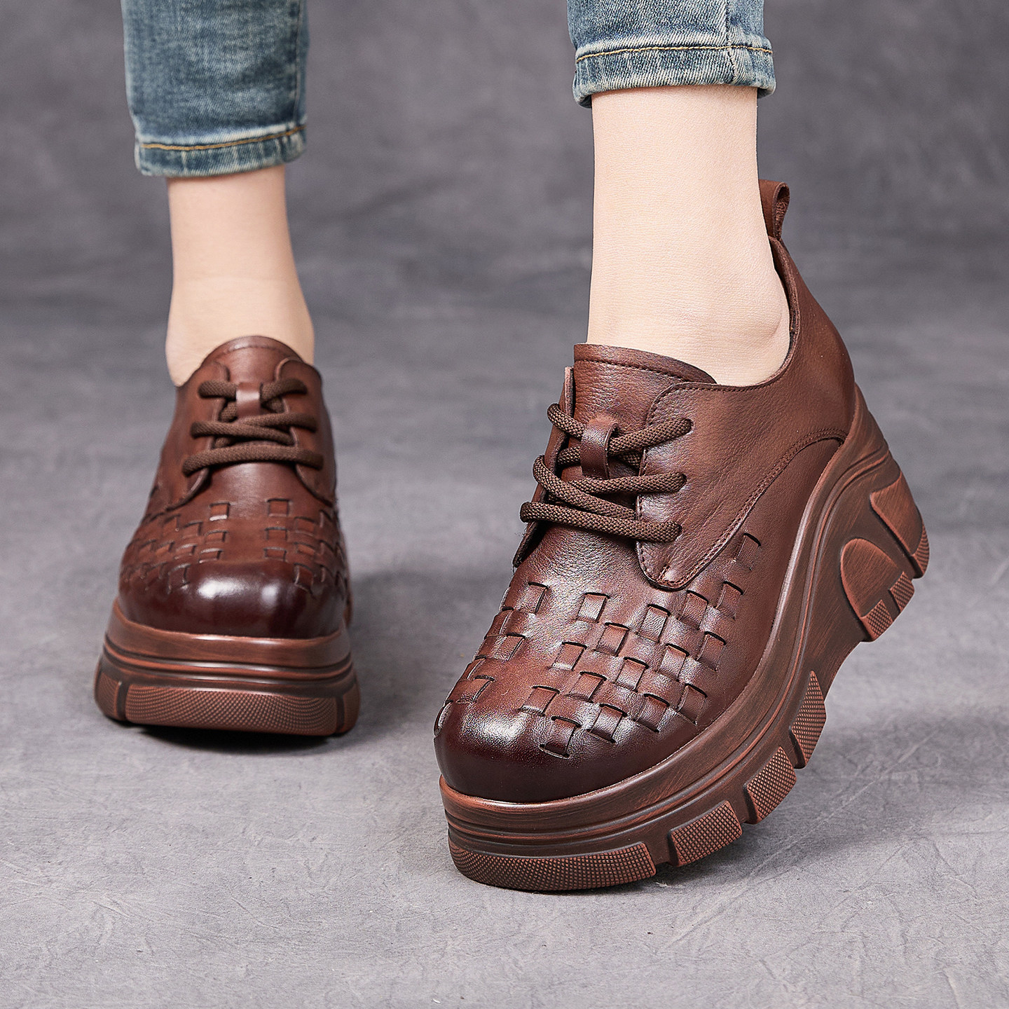 春秋新款复古编织深口单鞋女厚底系带坡跟皮鞋真皮防滑高跟妈妈鞋,女鞋,深口单鞋,淘宝优惠券,粉丝福利购,淘宝优惠卷