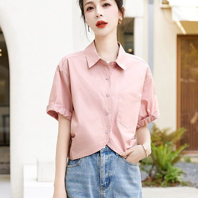 纯色短款衬衫夏Polo领设计时尚风短袖正肩显瘦上衣女