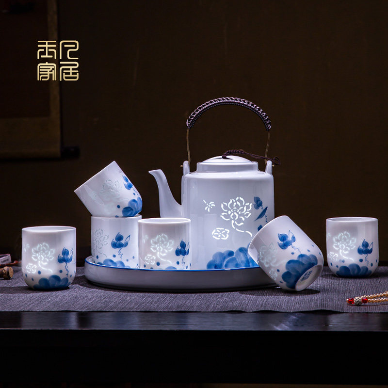 景德镇手绘玲珑提梁壶茶具套装家用高档青花瓷功夫茶杯茶壶礼盒装
