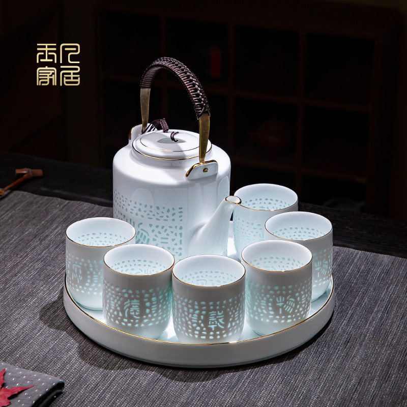 景德镇玲珑瓷茶具套组家用釉下彩提梁壶陶瓷茶壶茶杯托盘整套礼盒