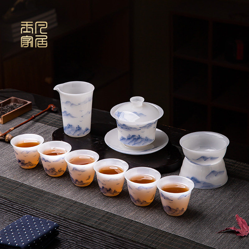 手绘功夫茶具套装景德镇璞玉冰种玉瓷家用办公室盖碗茶杯整套礼盒