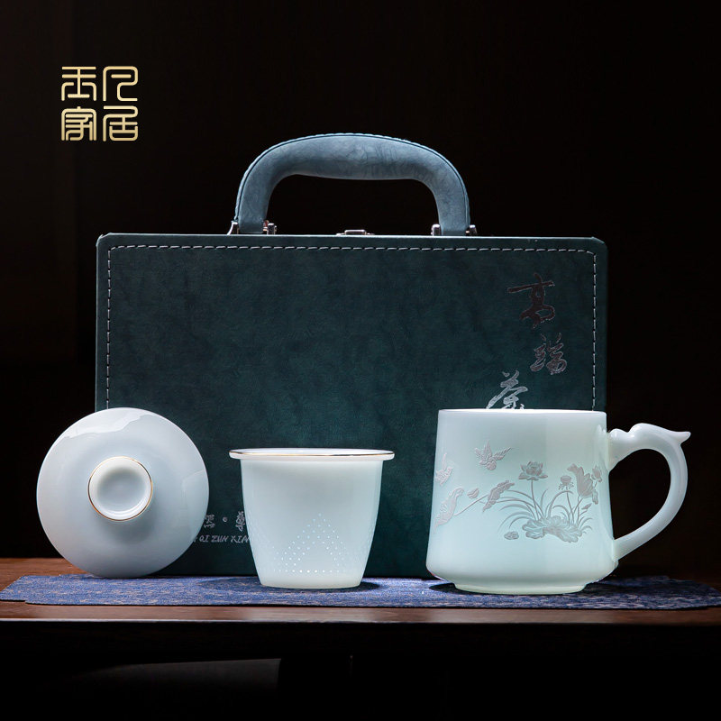 璞玉办公杯景德镇家用高档浮雕陶瓷茶水分离杯过滤泡茶马克杯送礼
