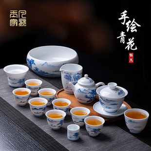 手绘青花瓷功夫茶具套装家用景德镇中式高档陶瓷茶壶盖碗茶杯礼盒