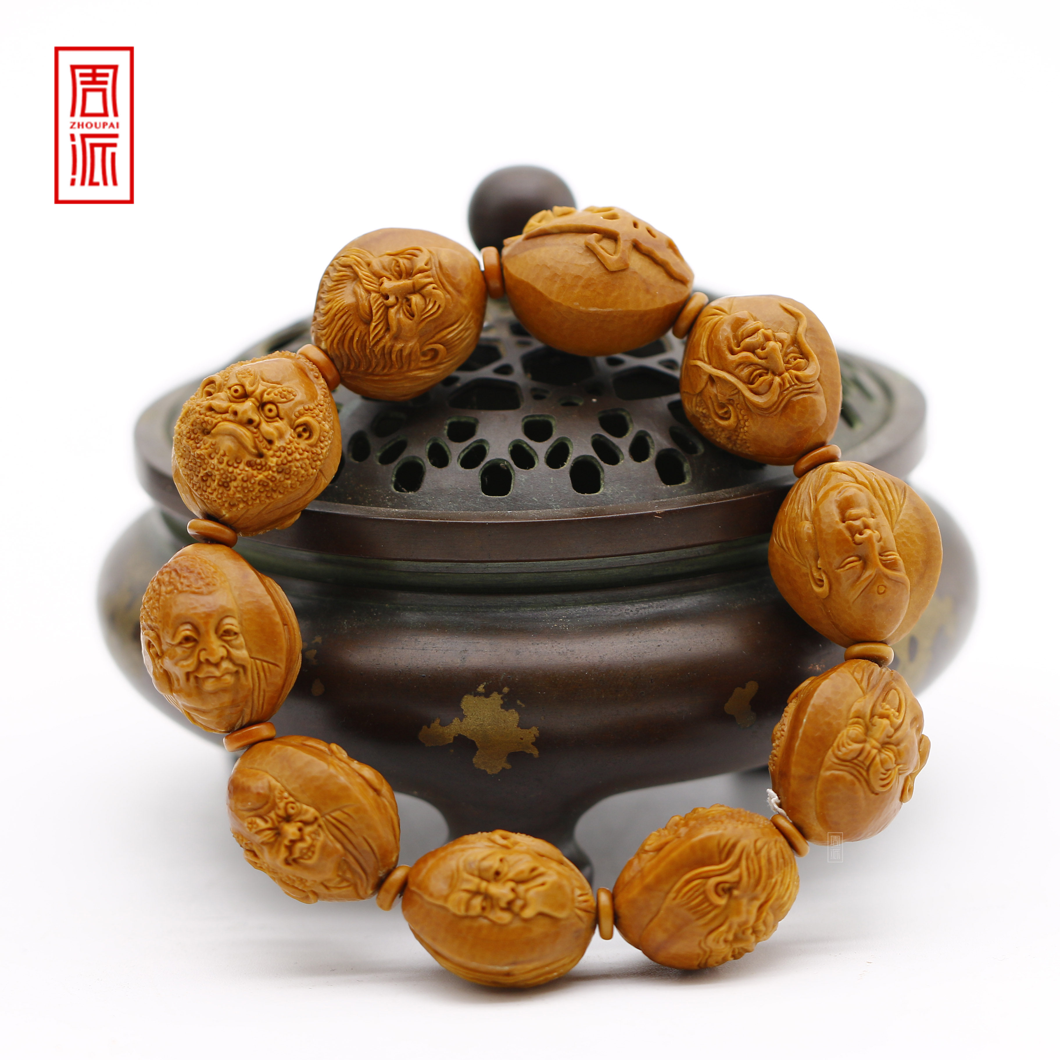 周派春毅核坊浮雕双面罗汉橄榄核手串文玩纯手工雕刻收藏品纯刀