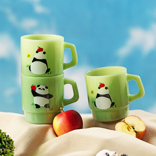 摩登主妇mototo熊猫玻璃水杯家用杯子复古玉把杯情侣马克杯咖啡杯