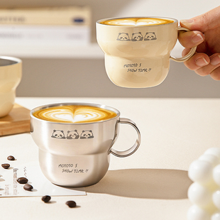 摩登主妇mototo熊猫不锈钢杯子家用防摔拉花杯手握咖啡杯儿童水杯