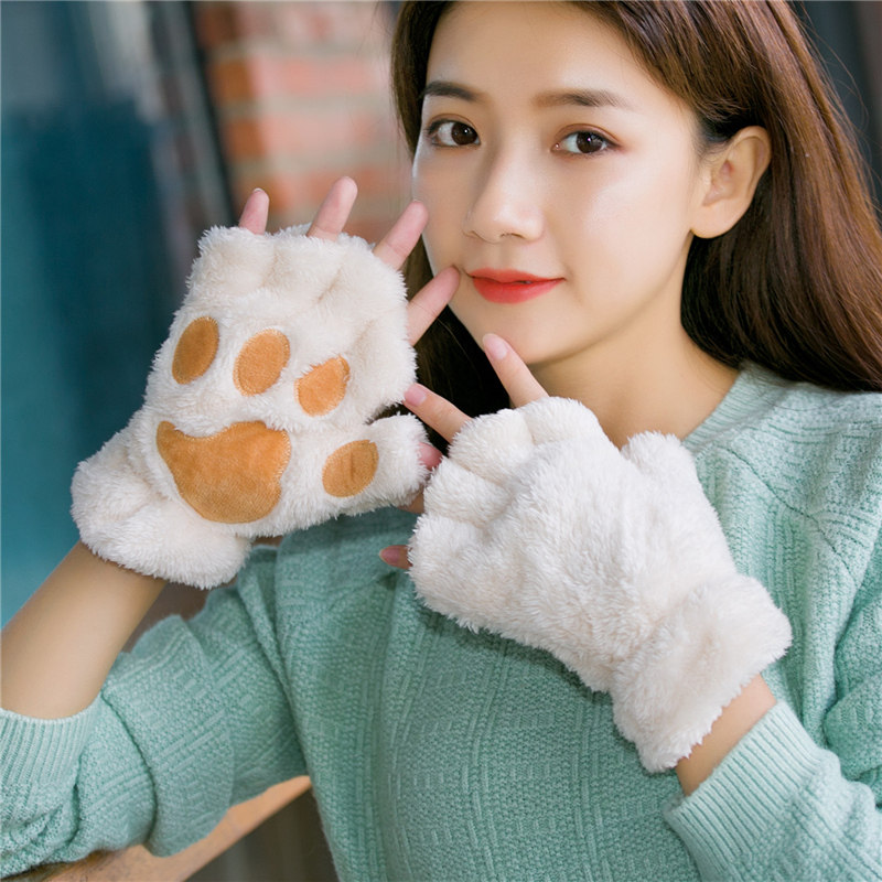 手套半指女冬天可爱猫爪学生休闲韩版韩国分指百搭加厚加绒漏指