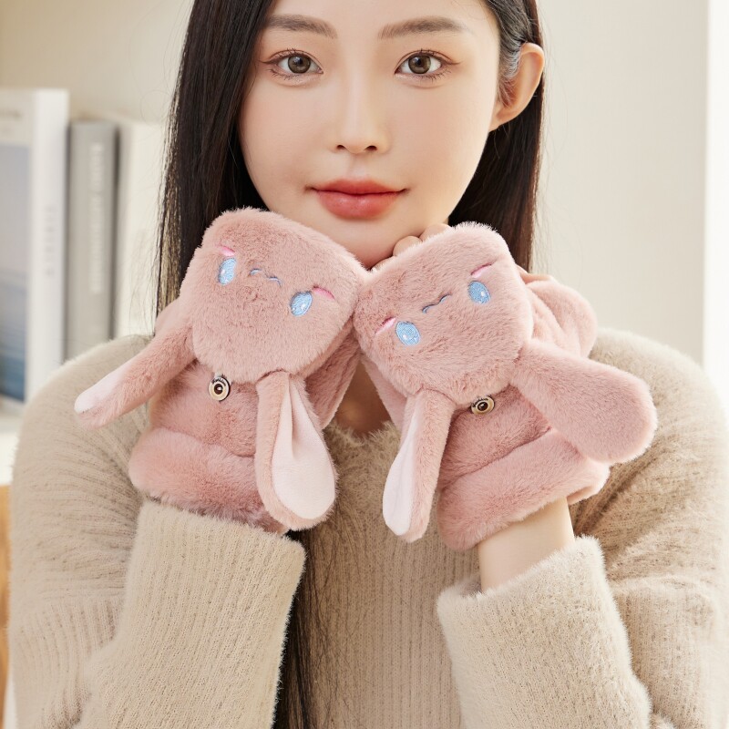 ins兔子手套女冬天可爱毛绒加厚学生半指露指韩版秋冬季加绒保暖