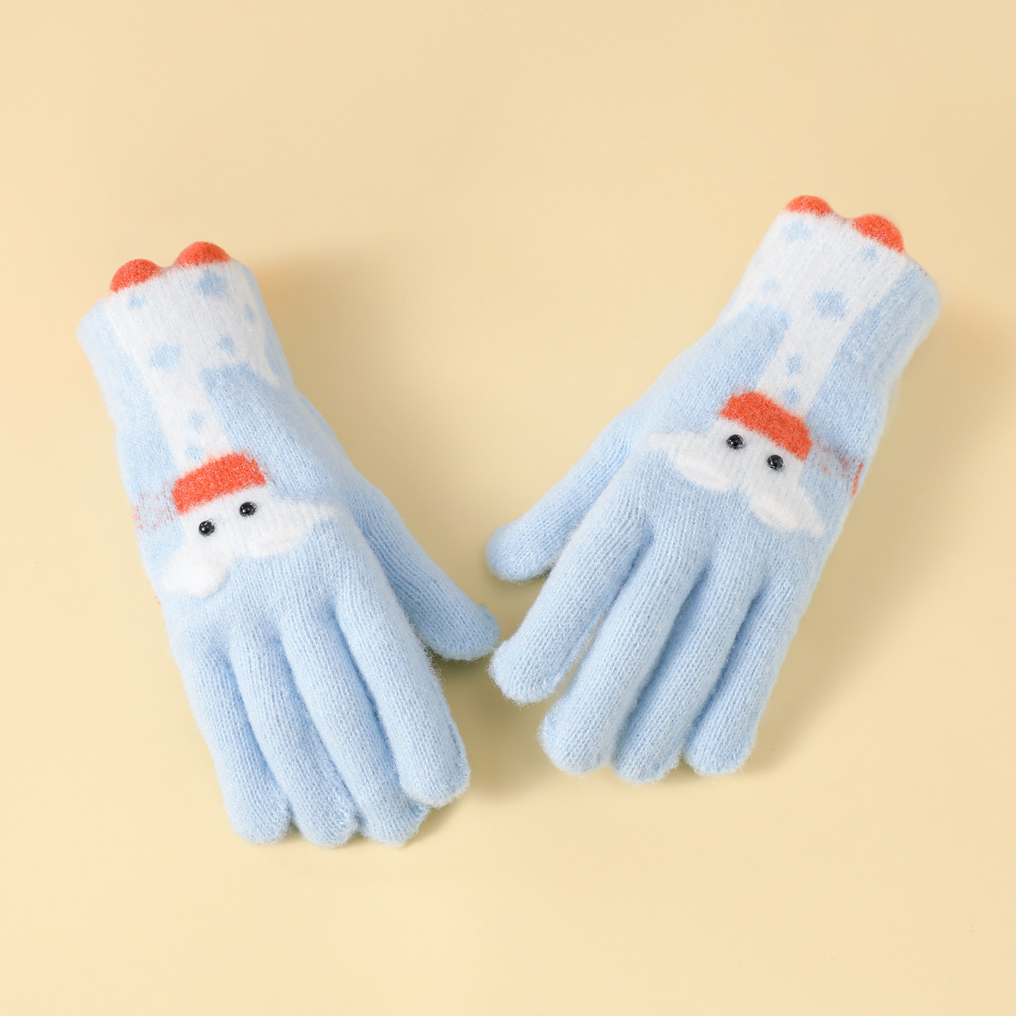 可爱蓝色小鹿毛绒针织分指手套女冬季毛线加厚防冻防寒保暖可触屏