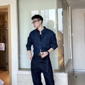 LUCHONG加绒加厚靛蓝水洗牛仔衬衫 秋冬美式 复古休闲牛仔外套衬衣