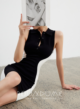 Foundume  polo领黑白撞色拼接短款修身收腰显瘦包臀针织连衣裙