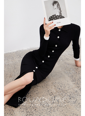 Foundume 25春夏新款翻领撞色单排扣包臀长款针织连衣裙女