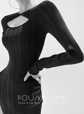 Foundume 24秋冬新款长袖镂空长款竖条纹开叉针织收腰显瘦连衣裙