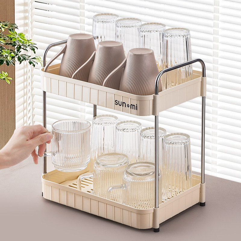 双层杯子收纳置物架玻璃咖啡茶杯茶具沥水托盘客厅家用放水杯架子